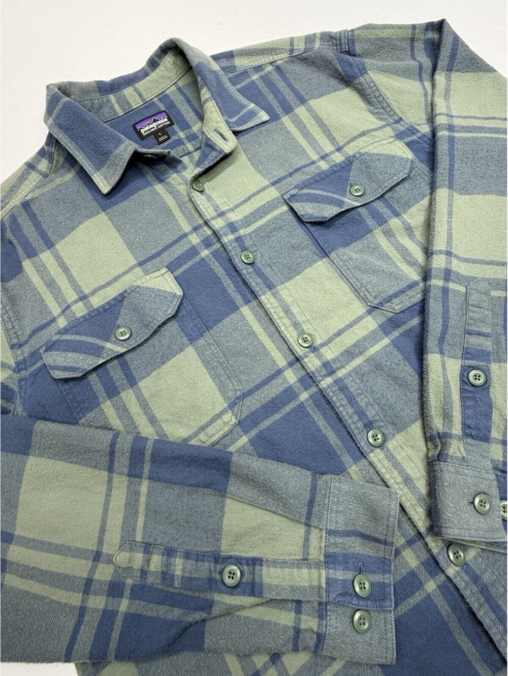 Patagonia Fjord Flannel Shirt Mens L Blue Green Plaid Organic Cotton Long Sleeve